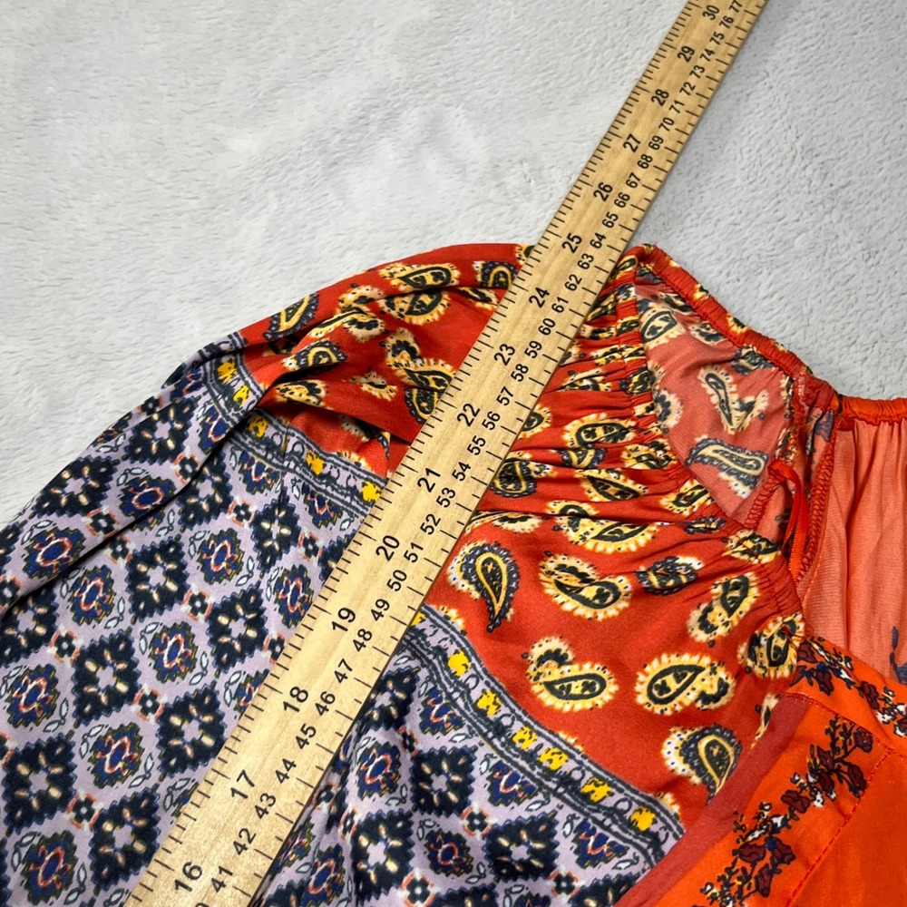 Free People Floral Print Blouse Womens XS Orange Peasant Boho Balloon Sleeve - Picture 6 of 11